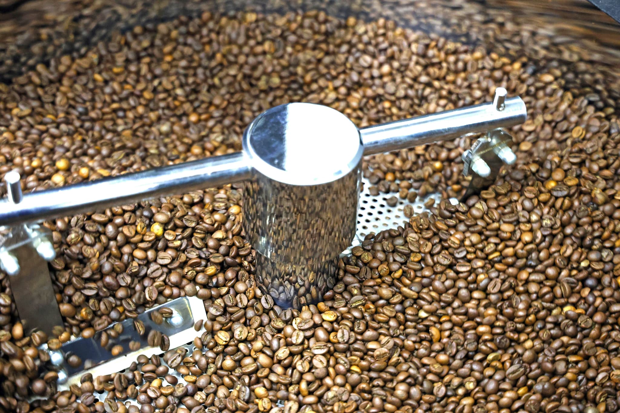 Raw coffee beans being roasted and processed in a special coffee roasting machine.